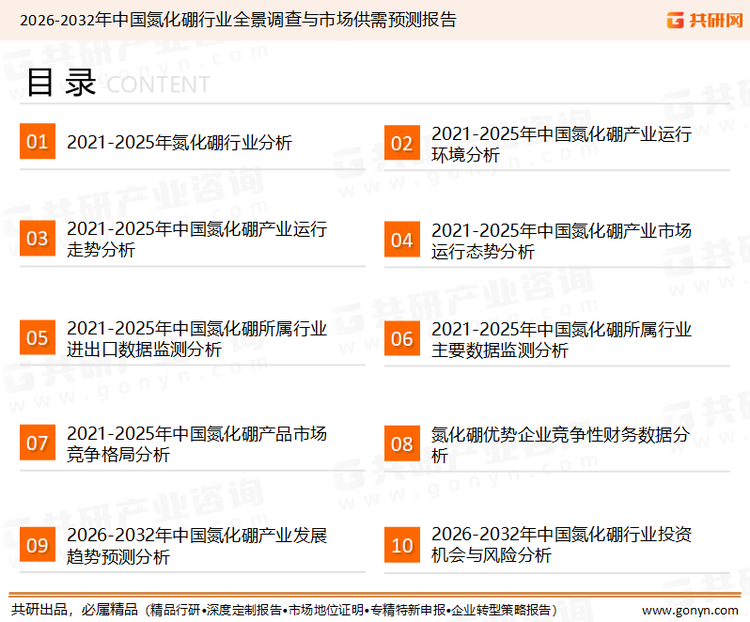 为确保氮化硼行业数据精准性以及内容的可参考价值，共研产业研究院团队通过上市公司年报、厂家调研、经销商座谈、专家验证等多渠道开展数据采集工作，并运用共研自主建立的产业分析模型，结合市场、行业和厂商进行深度剖析，能够反映当前市场现状、热点、动态及未来趋势，使从业者能够从多种维度、多个侧面综合了解当前氮化硼行业的发展态势。