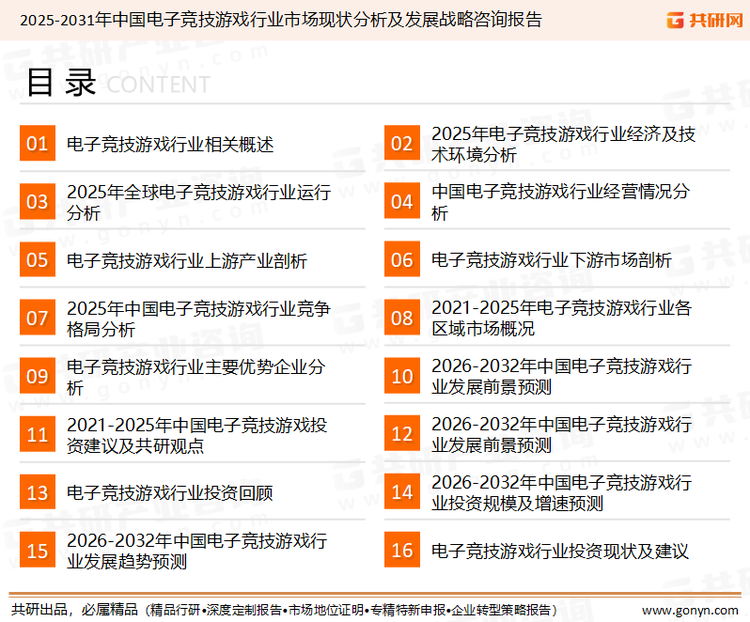 为确保电子竞技游戏行业数据精准性以及内容的可参考价值，共研产业研究院团队通过上市公司年报、厂家调研、经销商座谈、专家验证等多渠道开展数据采集工作，并运用共研自主建立的产业分析模型，结合市场、行业和厂商进行深度剖析，能够反映当前市场现状、热点、动态及未来趋势，使从业者能够从多种维度、多个侧面综合了解当前电子竞技游戏行业的发展态势。