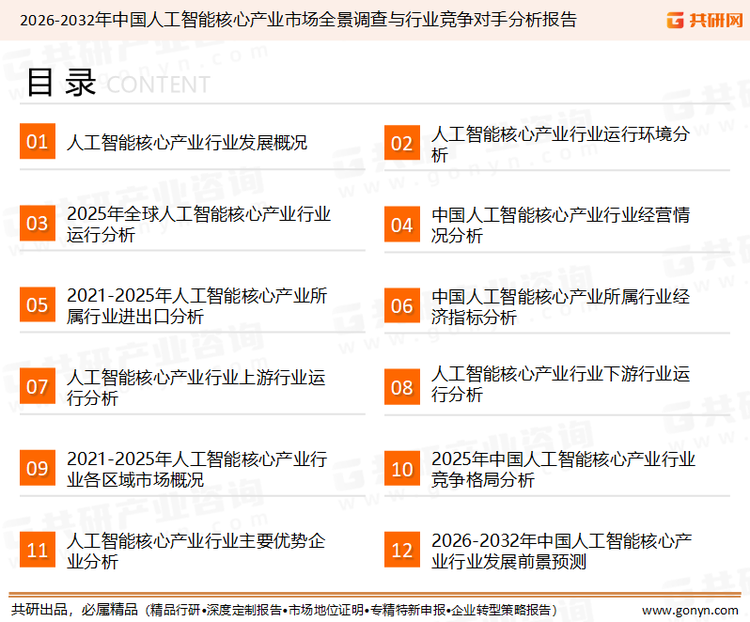 为确保人工智能核心产业行业数据精准性以及内容的可参考价值，共研产业研究院团队通过上市公司年报、厂家调研、经销商座谈、专家验证等多渠道开展数据采集工作，并运用共研自主建立的产业分析模型，结合市场、行业和厂商进行深度剖析，能够反映当前市场现状、热点、动态及未来趋势，使从业者能够从多种维度、多个侧面综合了解当前人工智能核心产业行业的发展态势。