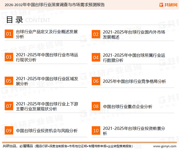 为确保台球行业数据精准性以及内容的可参考价值，共研产业研究院团队通过上市公司年报、厂家调研、经销商座谈、专家验证等多渠道开展数据采集工作，并运用共研自主建立的产业分析模型，结合市场、行业和厂商进行深度剖析，能够反映当前市场现状、热点、动态及未来趋势，使从业者能够从多种维度、多个侧面综合了解当前台球行业的发展态势。