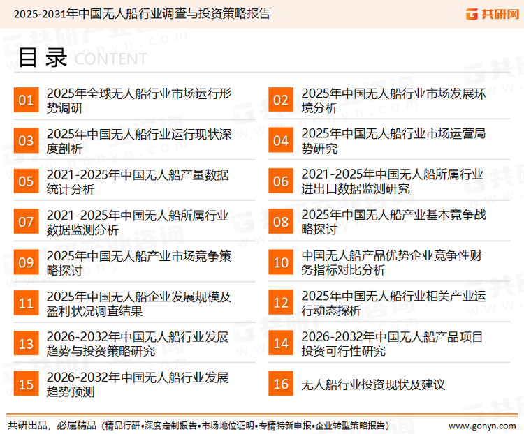 为确保无人船行业数据精准性以及内容的可参考价值，共研产业研究院团队通过上市公司年报、厂家调研、经销商座谈、专家验证等多渠道开展数据采集工作，并运用共研自主建立的产业分析模型，结合市场、行业和厂商进行深度剖析，能够反映当前市场现状、热点、动态及未来趋势，使从业者能够从多种维度、多个侧面综合了解当前无人船行业的发展态势。