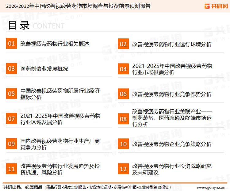 为确保改善视疲劳药物行业数据精准性以及内容的可参考价值，共研产业研究院团队通过上市公司年报、厂家调研、经销商座谈、专家验证等多渠道开展数据采集工作，并运用共研自主建立的产业分析模型，结合市场、行业和厂商进行深度剖析，能够反映当前市场现状、热点、动态及未来趋势，使从业者能够从多种维度、多个侧面综合了解当前改善视疲劳药物行业的发展态势。