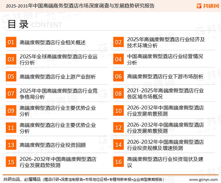 为确保高端商务型酒店行业数据精准性以及内容的可参考价值，共研产业研究院团队通过上市公司年报、厂家调研、经销商座谈、专家验证等多渠道开展数据采集工作，并运用共研自主建立的产业分析模型，结合市场、行业和厂商进行深度剖析，能够反映当前市场现状、热点、动态及未来趋势，使从业者能够从多种维度、多个侧面综合了解当前高端商务型酒店行业的发展态势。