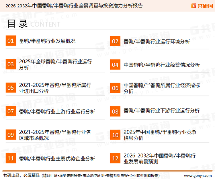 为确保番鸭/半番鸭行业数据精准性以及内容的可参考价值，共研产业研究院团队通过上市公司年报、厂家调研、经销商座谈、专家验证等多渠道开展数据采集工作，并运用共研自主建立的产业分析模型，结合市场、行业和厂商进行深度剖析，能够反映当前市场现状、热点、动态及未来趋势，使从业者能够从多种维度、多个侧面综合了解当前番鸭/半番鸭行业的发展态势。