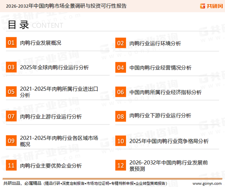 为确保肉鸭行业数据精准性以及内容的可参考价值，共研产业研究院团队通过上市公司年报、厂家调研、经销商座谈、专家验证等多渠道开展数据采集工作，并运用共研自主建立的产业分析模型，结合市场、行业和厂商进行深度剖析，能够反映当前市场现状、热点、动态及未来趋势，使从业者能够从多种维度、多个侧面综合了解当前肉鸭行业的发展态势。