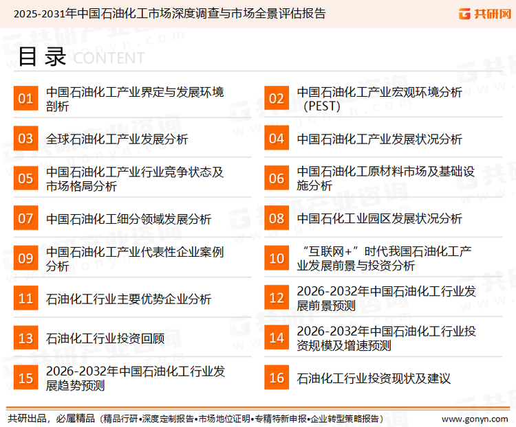 为确保石油化工行业数据精准性以及内容的可参考价值，共研产业研究院团队通过上市公司年报、厂家调研、经销商座谈、专家验证等多渠道开展数据采集工作，并运用共研自主建立的产业分析模型，结合市场、行业和厂商进行深度剖析，能够反映当前市场现状、热点、动态及未来趋势，使从业者能够从多种维度、多个侧面综合了解当前石油化工行业的发展态势。