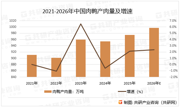 2021-2026年中国肉鸭产肉量及增速