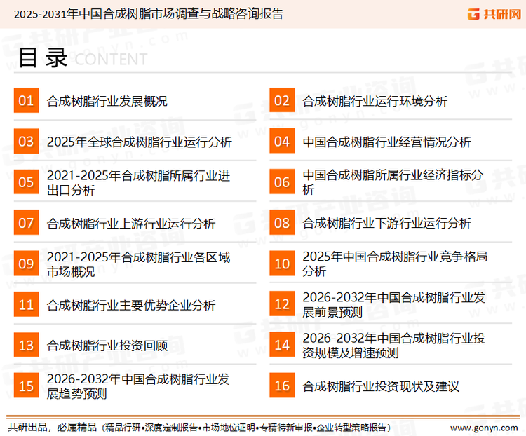 为确保合成树脂行业数据精准性以及内容的可参考价值，共研产业研究院团队通过上市公司年报、厂家调研、经销商座谈、专家验证等多渠道开展数据采集工作，并运用共研自主建立的产业分析模型，结合市场、行业和厂商进行深度剖析，能够反映当前市场现状、热点、动态及未来趋势，使从业者能够从多种维度、多个侧面综合了解当前合成树脂行业的发展态势。