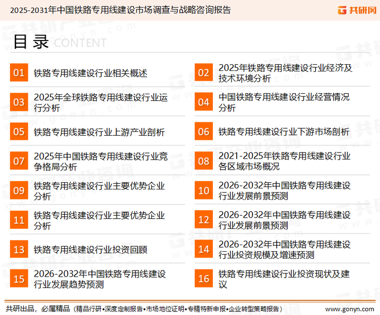 为确保铁路专用线建设行业数据精准性以及内容的可参考价值，共研产业研究院团队通过上市公司年报、厂家调研、经销商座谈、专家验证等多渠道开展数据采集工作，并运用共研自主建立的产业分析模型，结合市场、行业和厂商进行深度剖析，能够反映当前市场现状、热点、动态及未来趋势，使从业者能够从多种维度、多个侧面综合了解当前铁路专用线建设行业的发展态势。
