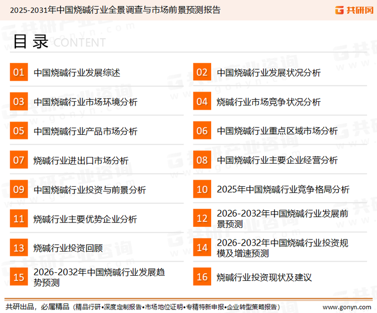 为确保烧碱行业数据精准性以及内容的可参考价值，共研产业研究院团队通过上市公司年报、厂家调研、经销商座谈、专家验证等多渠道开展数据采集工作，并运用共研自主建立的产业分析模型，结合市场、行业和厂商进行深度剖析，能够反映当前市场现状、热点、动态及未来趋势，使从业者能够从多种维度、多个侧面综合了解当前烧碱行业的发展态势。