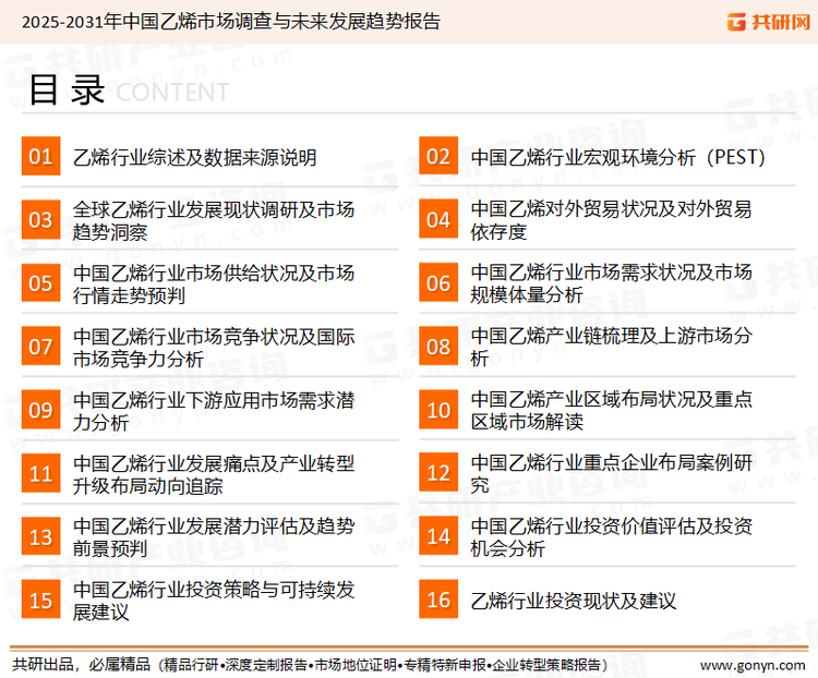 为确保乙烯行业数据精准性以及内容的可参考价值，共研产业研究院团队通过上市公司年报、厂家调研、经销商座谈、专家验证等多渠道开展数据采集工作，并运用共研自主建立的产业分析模型，结合市场、行业和厂商进行深度剖析，能够反映当前市场现状、热点、动态及未来趋势，使从业者能够从多种维度、多个侧面综合了解当前乙烯行业的发展态势。