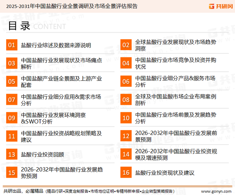 为确保盐酸行业数据精准性以及内容的可参考价值，共研产业研究院团队通过上市公司年报、厂家调研、经销商座谈、专家验证等多渠道开展数据采集工作，并运用共研自主建立的产业分析模型，结合市场、行业和厂商进行深度剖析，能够反映当前市场现状、热点、动态及未来趋势，使从业者能够从多种维度、多个侧面综合了解当前盐酸行业的发展态势。