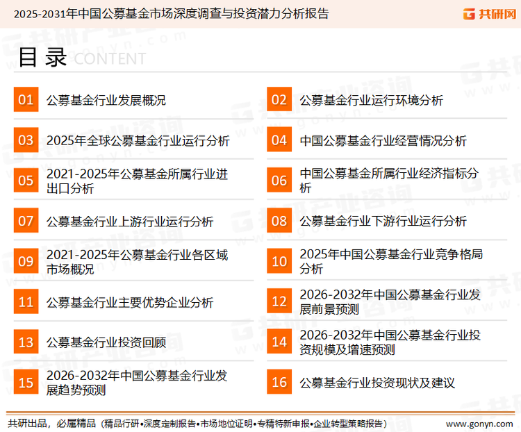 为确保公募基金行业数据精准性以及内容的可参考价值，共研产业研究院团队通过上市公司年报、厂家调研、经销商座谈、专家验证等多渠道开展数据采集工作，并运用共研自主建立的产业分析模型，结合市场、行业和厂商进行深度剖析，能够反映当前市场现状、热点、动态及未来趋势，使从业者能够从多种维度、多个侧面综合了解当前公募基金行业的发展态势。
