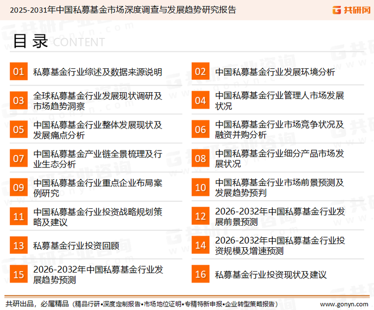 为确保私募基金行业数据精准性以及内容的可参考价值，共研产业研究院团队通过上市公司年报、厂家调研、经销商座谈、专家验证等多渠道开展数据采集工作，并运用共研自主建立的产业分析模型，结合市场、行业和厂商进行深度剖析，能够反映当前市场现状、热点、动态及未来趋势，使从业者能够从多种维度、多个侧面综合了解当前私募基金行业的发展态势。