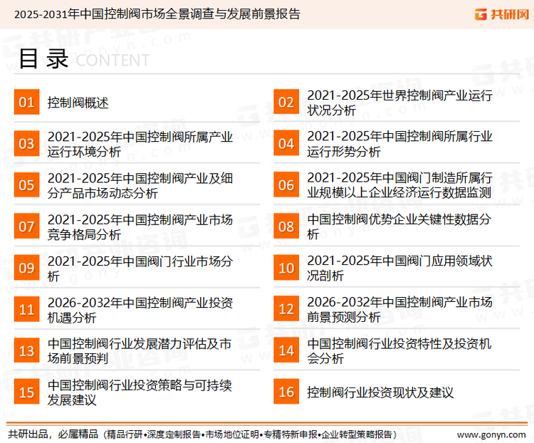 为确保控制阀行业数据精准性以及内容的可参考价值，共研产业研究院团队通过上市公司年报、厂家调研、经销商座谈、专家验证等多渠道开展数据采集工作，并运用共研自主建立的产业分析模型，结合市场、行业和厂商进行深度剖析，能够反映当前市场现状、热点、动态及未来趋势，使从业者能够从多种维度、多个侧面综合了解当前控制阀行业的发展态势。