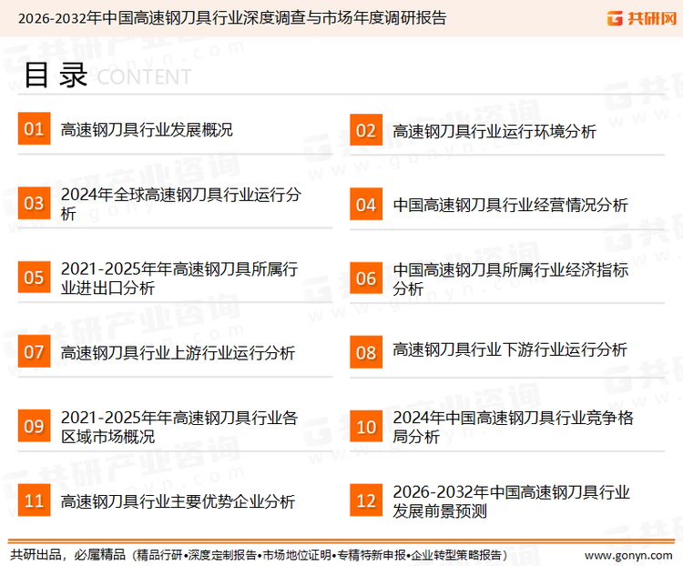 为确保高速钢刀具行业数据精准性以及内容的可参考价值，共研产业研究院团队通过上市公司年报、厂家调研、经销商座谈、专家验证等多渠道开展数据采集工作，并运用共研自主建立的产业分析模型，结合市场、行业和厂商进行深度剖析，能够反映当前市场现状、热点、动态及未来趋势，使从业者能够从多种维度、多个侧面综合了解当前高速钢刀具行业的发展态势。