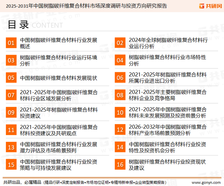 为确保树脂碳纤维复合材料行业数据精准性以及内容的可参考价值，共研产业研究院团队通过上市公司年报、厂家调研、经销商座谈、专家验证等多渠道开展数据采集工作，并运用共研自主建立的产业分析模型，结合市场、行业和厂商进行深度剖析，能够反映当前市场现状、热点、动态及未来趋势，使从业者能够从多种维度、多个侧面综合了解当前树脂碳纤维复合材料行业的发展态势。