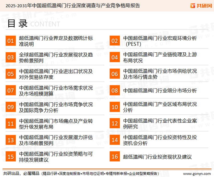 为确保超低温阀门行业数据精准性以及内容的可参考价值，共研产业研究院团队通过上市公司年报、厂家调研、经销商座谈、专家验证等多渠道开展数据采集工作，并运用共研自主建立的产业分析模型，结合市场、行业和厂商进行深度剖析，能够反映当前市场现状、热点、动态及未来趋势，使从业者能够从多种维度、多个侧面综合了解当前超低温阀门行业的发展态势。