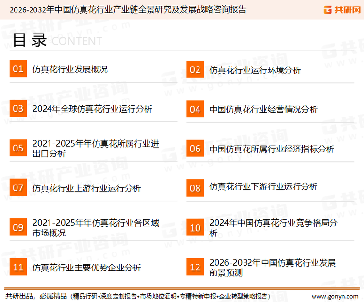 为确保仿真花行业数据精准性以及内容的可参考价值，共研产业研究院团队通过上市公司年报、厂家调研、经销商座谈、专家验证等多渠道开展数据采集工作，并运用共研自主建立的产业分析模型，结合市场、行业和厂商进行深度剖析，能够反映当前市场现状、热点、动态及未来趋势，使从业者能够从多种维度、多个侧面综合了解当前仿真花行业的发展态势。
