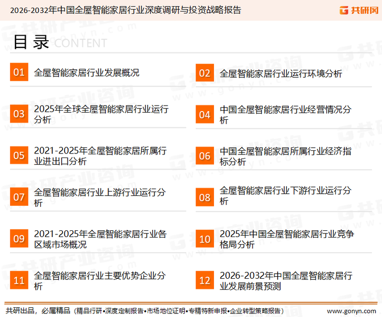 为确保全屋智能家居行业数据精准性以及内容的可参考价值，共研产业研究院团队通过上市公司年报、厂家调研、经销商座谈、专家验证等多渠道开展数据采集工作，并运用共研自主建立的产业分析模型，结合市场、行业和厂商进行深度剖析，能够反映当前市场现状、热点、动态及未来趋势，使从业者能够从多种维度、多个侧面综合了解当前全屋智能家居行业的发展态势。
