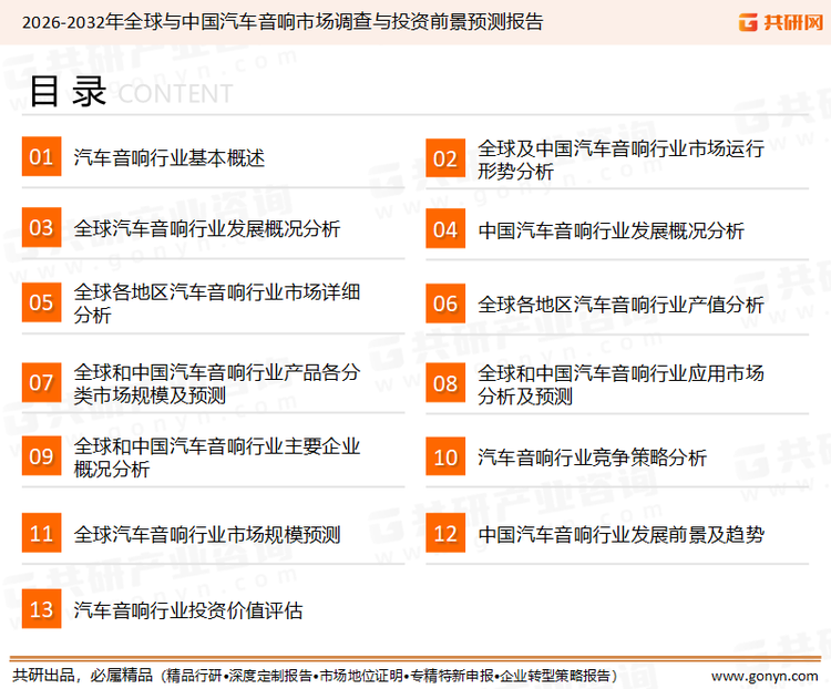 为确保汽车音响行业数据精准性以及内容的可参考价值，共研产业研究院团队通过上市公司年报、厂家调研、经销商座谈、专家验证等多渠道开展数据采集工作，并运用共研自主建立的产业分析模型，结合市场、行业和厂商进行深度剖析，能够反映当前市场现状、热点、动态及未来趋势，使从业者能够从多种维度、多个侧面综合了解当前汽车音响行业的发展态势。