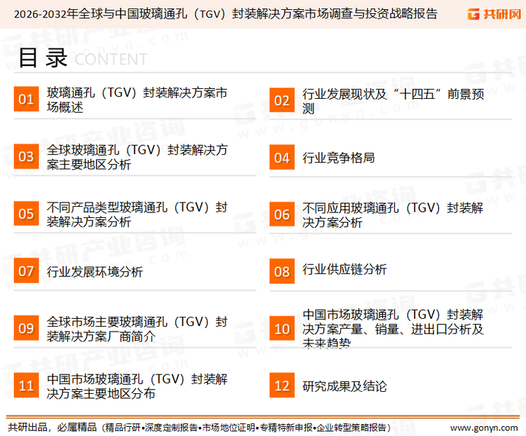 为确保玻璃通孔（TGV）封装解决方案行业数据精准性以及内容的可参考价值，共研产业研究院团队通过上市公司年报、厂家调研、经销商座谈、专家验证等多渠道开展数据采集工作，并运用共研自主建立的产业分析模型，结合市场、行业和厂商进行深度剖析，能够反映当前市场现状、热点、动态及未来趋势，使从业者能够从多种维度、多个侧面综合了解当前玻璃通孔（TGV）封装解决方案行业的发展态势。