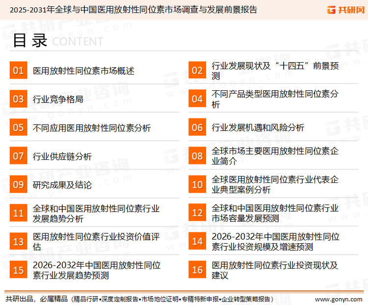 为确保医用放射性同位素行业数据精准性以及内容的可参考价值，共研产业研究院团队通过上市公司年报、厂家调研、经销商座谈、专家验证等多渠道开展数据采集工作，并运用共研自主建立的产业分析模型，结合市场、行业和厂商进行深度剖析，能够反映当前市场现状、热点、动态及未来趋势，使从业者能够从多种维度、多个侧面综合了解当前医用放射性同位素行业的发展态势。