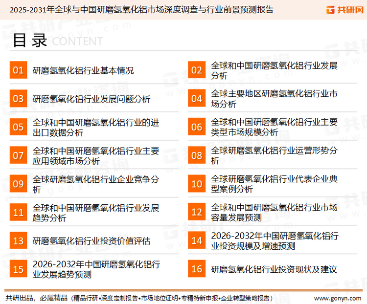 为确保研磨氢氧化铝行业数据精准性以及内容的可参考价值，共研产业研究院团队通过上市公司年报、厂家调研、经销商座谈、专家验证等多渠道开展数据采集工作，并运用共研自主建立的产业分析模型，结合市场、行业和厂商进行深度剖析，能够反映当前市场现状、热点、动态及未来趋势，使从业者能够从多种维度、多个侧面综合了解当前研磨氢氧化铝行业的发展态势。