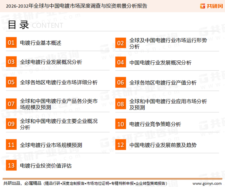为确保电镀行业数据精准性以及内容的可参考价值，共研产业研究院团队通过上市公司年报、厂家调研、经销商座谈、专家验证等多渠道开展数据采集工作，并运用共研自主建立的产业分析模型，结合市场、行业和厂商进行深度剖析，能够反映当前市场现状、热点、动态及未来趋势，使从业者能够从多种维度、多个侧面综合了解当前电镀行业的发展态势。