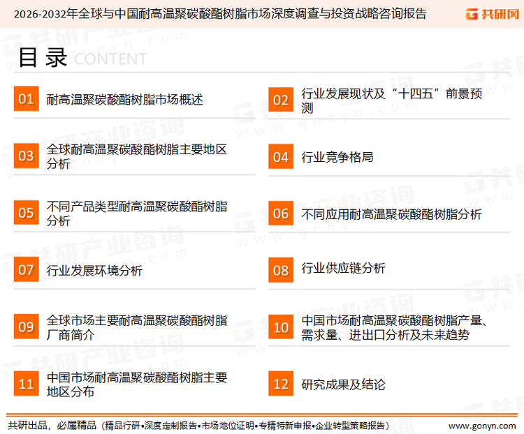 为确保耐高温聚碳酸酯树脂行业数据精准性以及内容的可参考价值，共研产业研究院团队通过上市公司年报、厂家调研、经销商座谈、专家验证等多渠道开展数据采集工作，并运用共研自主建立的产业分析模型，结合市场、行业和厂商进行深度剖析，能够反映当前市场现状、热点、动态及未来趋势，使从业者能够从多种维度、多个侧面综合了解当前耐高温聚碳酸酯树脂行业的发展态势。