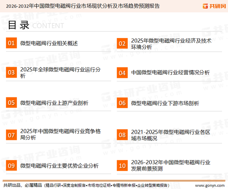 为确保微型电磁阀行业数据精准性以及内容的可参考价值，共研产业研究院团队通过上市公司年报、厂家调研、经销商座谈、专家验证等多渠道开展数据采集工作，并运用共研自主建立的产业分析模型，结合市场、行业和厂商进行深度剖析，能够反映当前市场现状、热点、动态及未来趋势，使从业者能够从多种维度、多个侧面综合了解当前微型电磁阀行业的发展态势。