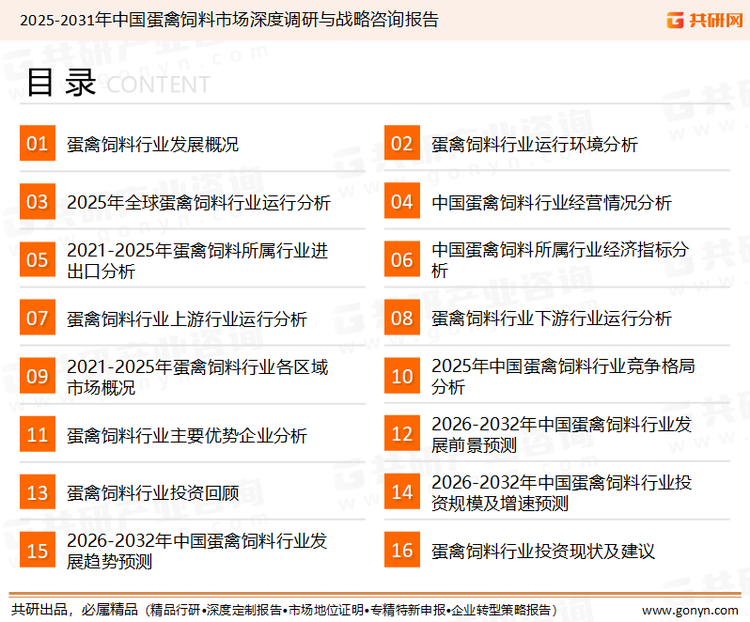 为确保蛋禽饲料行业数据精准性以及内容的可参考价值，共研产业研究院团队通过上市公司年报、厂家调研、经销商座谈、专家验证等多渠道开展数据采集工作，并运用共研自主建立的产业分析模型，结合市场、行业和厂商进行深度剖析，能够反映当前市场现状、热点、动态及未来趋势，使从业者能够从多种维度、多个侧面综合了解当前蛋禽饲料行业的发展态势。