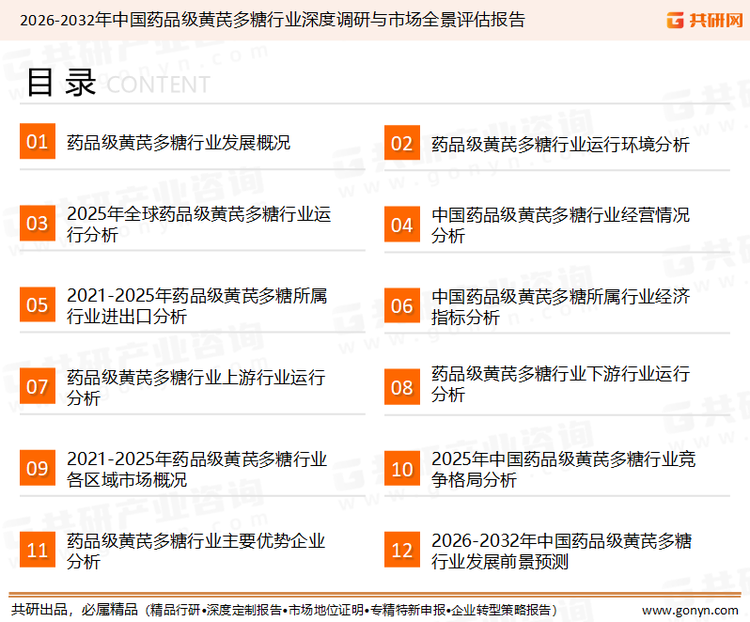 为确保药品级黄芪多糖行业数据精准性以及内容的可参考价值，共研产业研究院团队通过上市公司年报、厂家调研、经销商座谈、专家验证等多渠道开展数据采集工作，并运用共研自主建立的产业分析模型，结合市场、行业和厂商进行深度剖析，能够反映当前市场现状、热点、动态及未来趋势，使从业者能够从多种维度、多个侧面综合了解当前药品级黄芪多糖行业的发展态势。