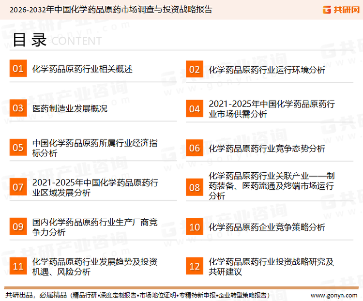 为确保化学药品原药行业数据精准性以及内容的可参考价值，共研产业研究院团队通过上市公司年报、厂家调研、经销商座谈、专家验证等多渠道开展数据采集工作，并运用共研自主建立的产业分析模型，结合市场、行业和厂商进行深度剖析，能够反映当前市场现状、热点、动态及未来趋势，使从业者能够从多种维度、多个侧面综合了解当前化学药品原药行业的发展态势。