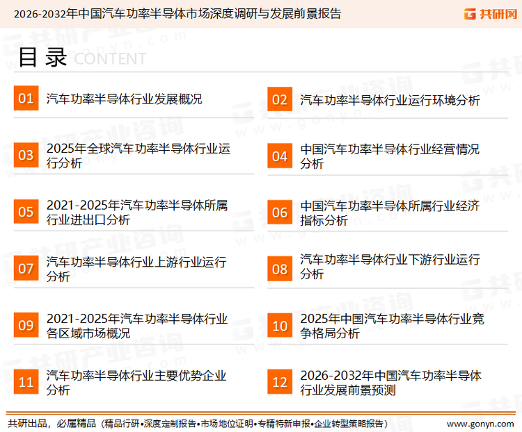 为确保汽车功率半导体行业数据精准性以及内容的可参考价值，共研产业研究院团队通过上市公司年报、厂家调研、经销商座谈、专家验证等多渠道开展数据采集工作，并运用共研自主建立的产业分析模型，结合市场、行业和厂商进行深度剖析，能够反映当前市场现状、热点、动态及未来趋势，使从业者能够从多种维度、多个侧面综合了解当前汽车功率半导体行业的发展态势。