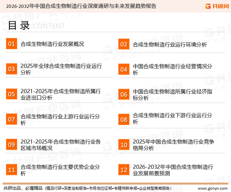 为确保合成生物制造行业数据精准性以及内容的可参考价值，共研产业研究院团队通过上市公司年报、厂家调研、经销商座谈、专家验证等多渠道开展数据采集工作，并运用共研自主建立的产业分析模型，结合市场、行业和厂商进行深度剖析，能够反映当前市场现状、热点、动态及未来趋势，使从业者能够从多种维度、多个侧面综合了解当前合成生物制造行业的发展态势。