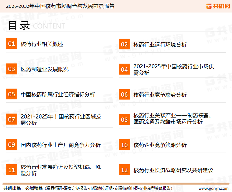 为确保核药行业数据精准性以及内容的可参考价值，共研产业研究院团队通过上市公司年报、厂家调研、经销商座谈、专家验证等多渠道开展数据采集工作，并运用共研自主建立的产业分析模型，结合市场、行业和厂商进行深度剖析，能够反映当前市场现状、热点、动态及未来趋势，使从业者能够从多种维度、多个侧面综合了解当前核药行业的发展态势。