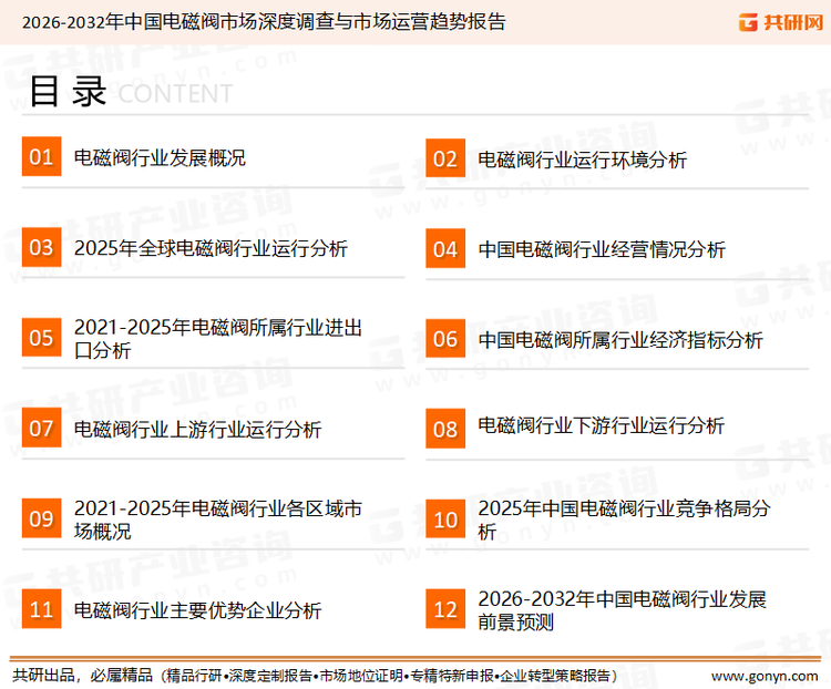 为确保电磁阀行业数据精准性以及内容的可参考价值，共研产业研究院团队通过上市公司年报、厂家调研、经销商座谈、专家验证等多渠道开展数据采集工作，并运用共研自主建立的产业分析模型，结合市场、行业和厂商进行深度剖析，能够反映当前市场现状、热点、动态及未来趋势，使从业者能够从多种维度、多个侧面综合了解当前电磁阀行业的发展态势。