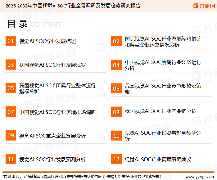 为确保视觉AI SOC行业数据精准性以及内容的可参考价值，共研产业研究院团队通过上市公司年报、厂家调研、经销商座谈、专家验证等多渠道开展数据采集工作，并运用共研自主建立的产业分析模型，结合市场、行业和厂商进行深度剖析，能够反映当前市场现状、热点、动态及未来趋势，使从业者能够从多种维度、多个侧面综合了解当前视觉AI SOC行业的发展态势。