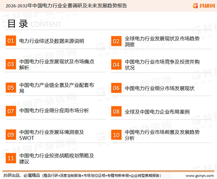 为确保电力行业数据精准性以及内容的可参考价值，共研产业研究院团队通过上市公司年报、厂家调研、经销商座谈、专家验证等多渠道开展数据采集工作，并运用共研自主建立的产业分析模型，结合市场、行业和厂商进行深度剖析，能够反映当前市场现状、热点、动态及未来趋势，使从业者能够从多种维度、多个侧面综合了解当前电力行业的发展态势。