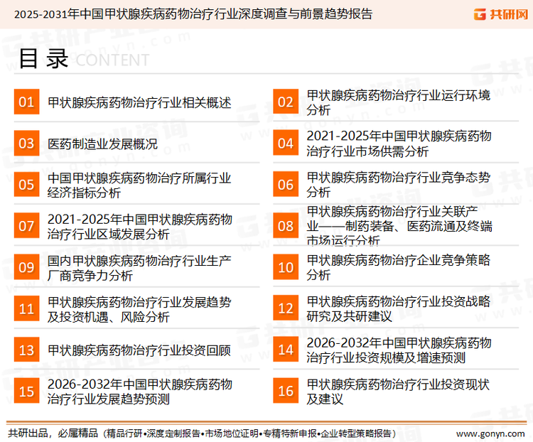 为确保甲状腺疾病药物治疗行业数据精准性以及内容的可参考价值，共研产业研究院团队通过上市公司年报、厂家调研、经销商座谈、专家验证等多渠道开展数据采集工作，并运用共研自主建立的产业分析模型，结合市场、行业和厂商进行深度剖析，能够反映当前市场现状、热点、动态及未来趋势，使从业者能够从多种维度、多个侧面综合了解当前甲状腺疾病药物治疗行业的发展态势。