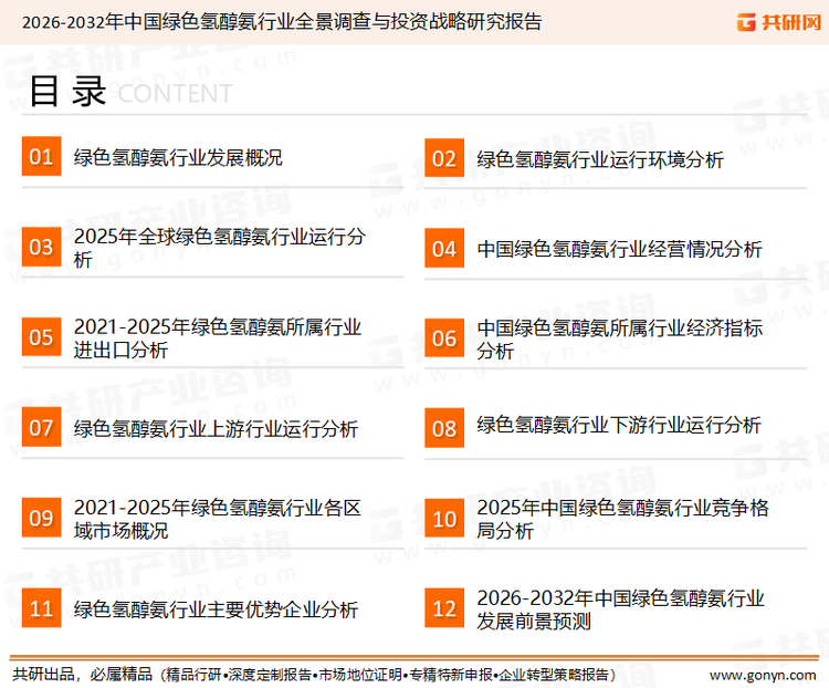 为确保绿色氢醇氨行业数据精准性以及内容的可参考价值，共研产业研究院团队通过上市公司年报、厂家调研、经销商座谈、专家验证等多渠道开展数据采集工作，并运用共研自主建立的产业分析模型，结合市场、行业和厂商进行深度剖析，能够反映当前市场现状、热点、动态及未来趋势，使从业者能够从多种维度、多个侧面综合了解当前绿色氢醇氨行业的发展态势。