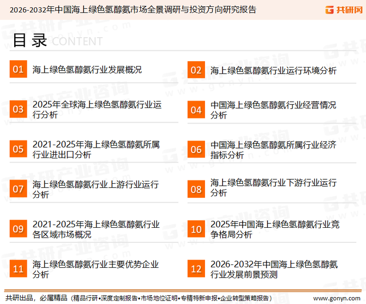 为确保海上绿色氢醇氨行业数据精准性以及内容的可参考价值，共研产业研究院团队通过上市公司年报、厂家调研、经销商座谈、专家验证等多渠道开展数据采集工作，并运用共研自主建立的产业分析模型，结合市场、行业和厂商进行深度剖析，能够反映当前市场现状、热点、动态及未来趋势，使从业者能够从多种维度、多个侧面综合了解当前海上绿色氢醇氨行业的发展态势。