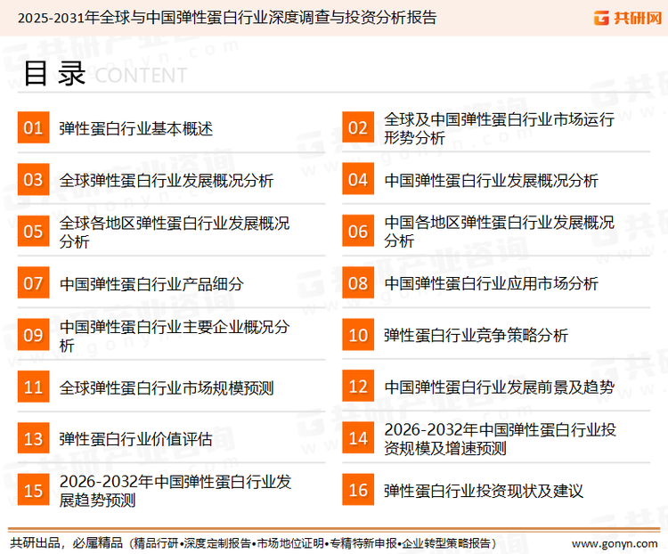 为确保弹性蛋白行业数据精准性以及内容的可参考价值，共研产业研究院团队通过上市公司年报、厂家调研、经销商座谈、专家验证等多渠道开展数据采集工作，并运用共研自主建立的产业分析模型，结合市场、行业和厂商进行深度剖析，能够反映当前市场现状、热点、动态及未来趋势，使从业者能够从多种维度、多个侧面综合了解当前弹性蛋白行业的发展态势。