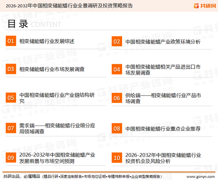 为确保相变储能蜡行业数据精准性以及内容的可参考价值，共研产业研究院团队通过上市公司年报、厂家调研、经销商座谈、专家验证等多渠道开展数据采集工作，并运用共研自主建立的产业分析模型，结合市场、行业和厂商进行深度剖析，能够反映当前市场现状、热点、动态及未来趋势，使从业者能够从多种维度、多个侧面综合了解当前相变储能蜡行业的发展态势。