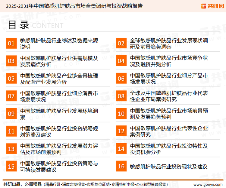 为确保敏感肌护肤品行业数据精准性以及内容的可参考价值，共研产业研究院团队通过上市公司年报、厂家调研、经销商座谈、专家验证等多渠道开展数据采集工作，并运用共研自主建立的产业分析模型，结合市场、行业和厂商进行深度剖析，能够反映当前市场现状、热点、动态及未来趋势，使从业者能够从多种维度、多个侧面综合了解当前敏感肌护肤品行业的发展态势。