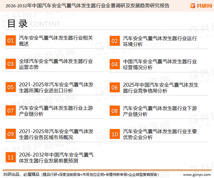 为确保汽车安全气囊气体发生器行业数据精准性以及内容的可参考价值，共研产业研究院团队通过上市公司年报、厂家调研、经销商座谈、专家验证等多渠道开展数据采集工作，并运用共研自主建立的产业分析模型，结合市场、行业和厂商进行深度剖析，能够反映当前市场现状、热点、动态及未来趋势，使从业者能够从多种维度、多个侧面综合了解当前汽车安全气囊气体发生器行业的发展态势。