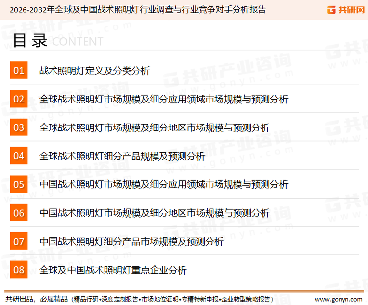 为确保战术照明灯行业数据精准性以及内容的可参考价值，共研产业研究院团队通过上市公司年报、厂家调研、经销商座谈、专家验证等多渠道开展数据采集工作，并运用共研自主建立的产业分析模型，结合市场、行业和厂商进行深度剖析，能够反映当前市场现状、热点、动态及未来趋势，使从业者能够从多种维度、多个侧面综合了解当前战术照明灯行业的发展态势。