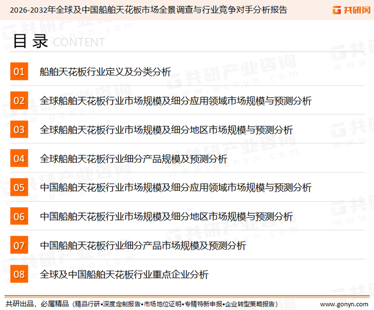 为确保船舶天花板行业数据精准性以及内容的可参考价值，共研产业研究院团队通过上市公司年报、厂家调研、经销商座谈、专家验证等多渠道开展数据采集工作，并运用共研自主建立的产业分析模型，结合市场、行业和厂商进行深度剖析，能够反映当前市场现状、热点、动态及未来趋势，使从业者能够从多种维度、多个侧面综合了解当前船舶天花板行业的发展态势。