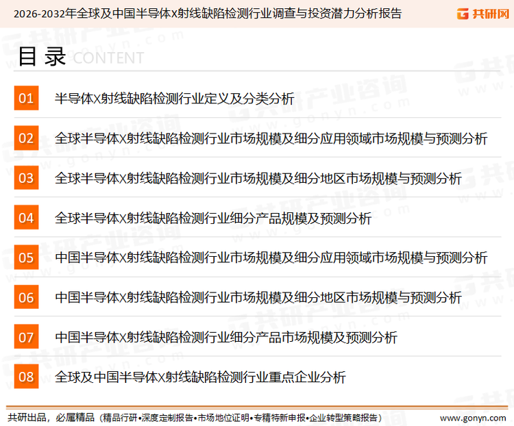 为确保半导体X射线缺陷检测行业数据精准性以及内容的可参考价值，共研产业研究院团队通过上市公司年报、厂家调研、经销商座谈、专家验证等多渠道开展数据采集工作，并运用共研自主建立的产业分析模型，结合市场、行业和厂商进行深度剖析，能够反映当前市场现状、热点、动态及未来趋势，使从业者能够从多种维度、多个侧面综合了解当前半导体X射线缺陷检测行业的发展态势。